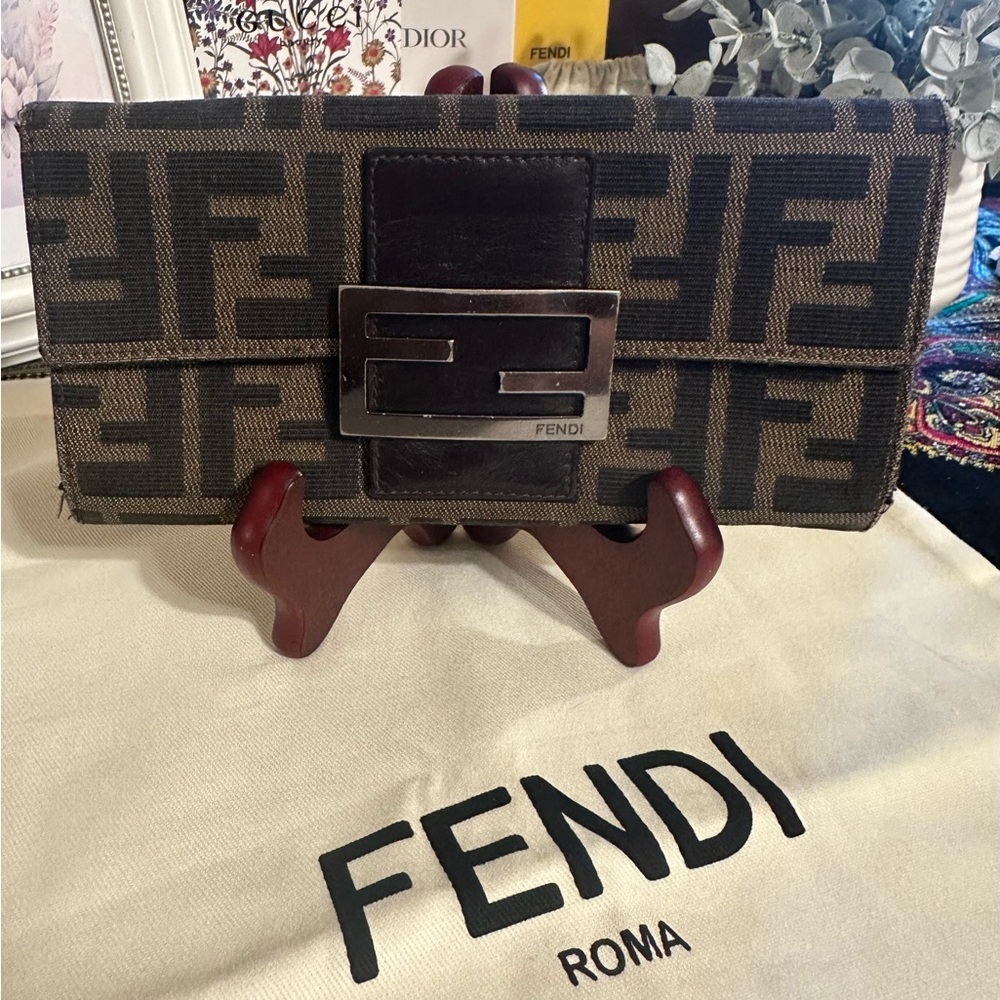 Fendi Zucca Brown and Black long Wallet canvas and leather silver buckle